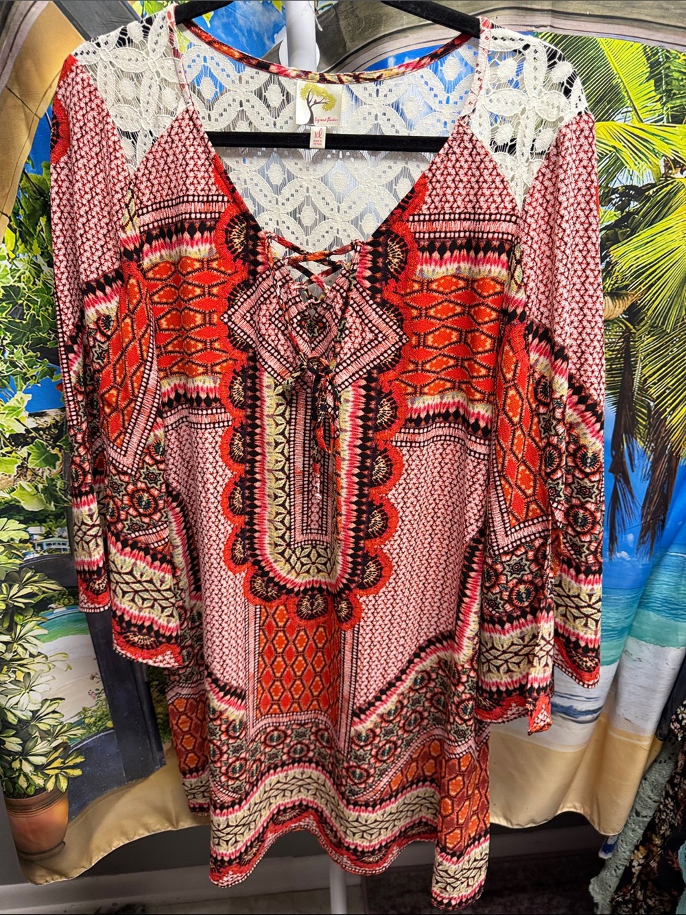 Fig and Flower by Anthropologie Boho V-Neck Dress- Pink & Red Slit Sleeves